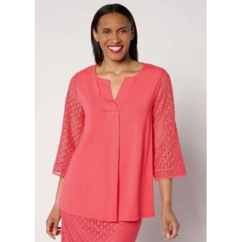Isaac Mizrahi Live! Plus 1X Top Red Cotton Blend Split Neck 3/4 Sleeve Stretch